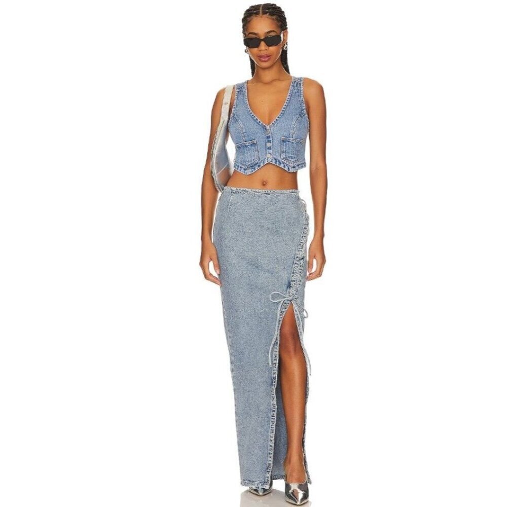 NEW Retrofete Denim Jean Maxi Skirt Lace Up Size 26